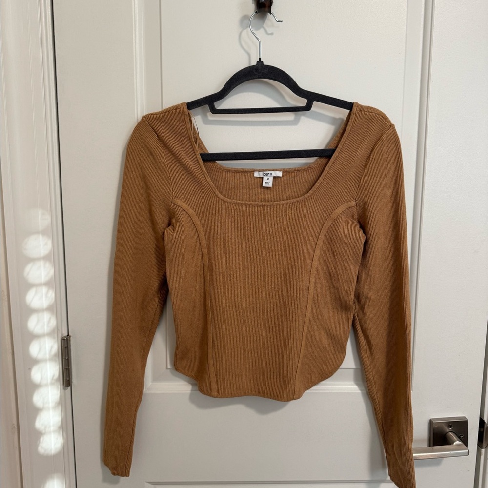 Bar III Brown Long Sleeve Fitted Ribbed Scoop Neck Blouse